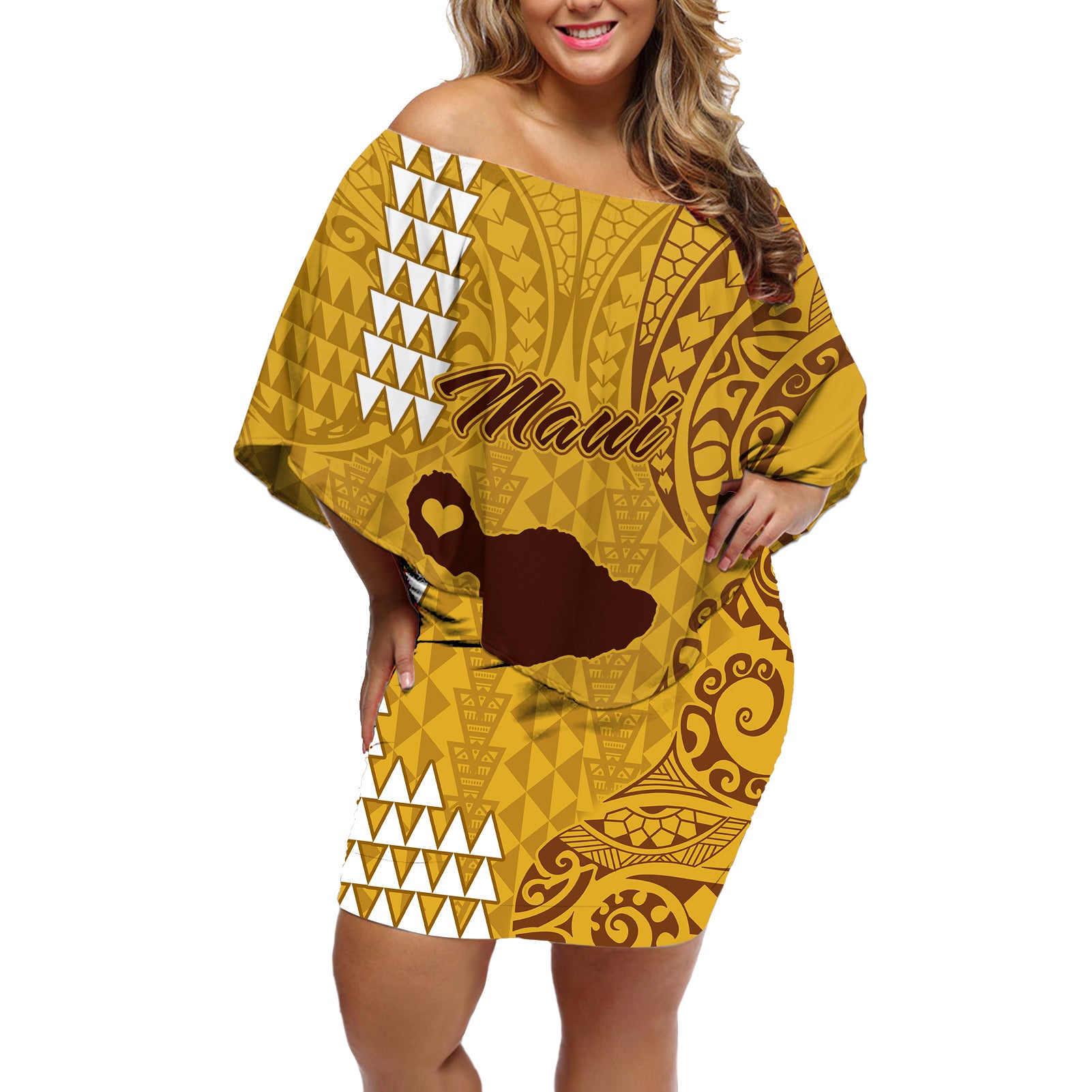 Maui Island Off Shoulder Short Dress Kakau Tribal Mixed Polynesian Pattern Gold - Wonder Print Shop