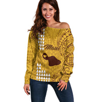 Maui Island Off Shoulder Sweater Kakau Tribal Mixed Polynesian Pattern Gold - Wonder Print Shop