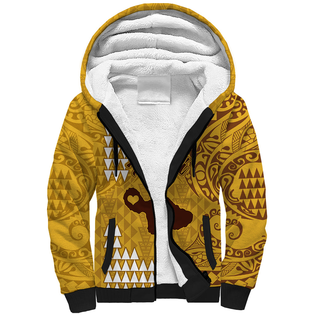 Maui Island Sherpa Hoodie Kakau Tribal Mixed Polynesian Pattern Gold - Wonder Print Shop