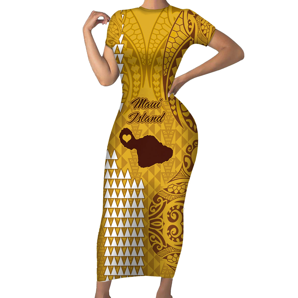 Maui Island Short Sleeve Bodycon Dress Kakau Tribal Mixed Polynesian Pattern Gold - Wonder Print Shop