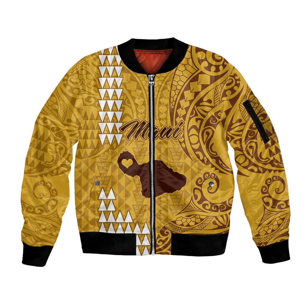 Maui Island Sleeve Zip Bomber Jacket Kakau Tribal Mixed Polynesian Pattern Gold - Wonder Print Shop