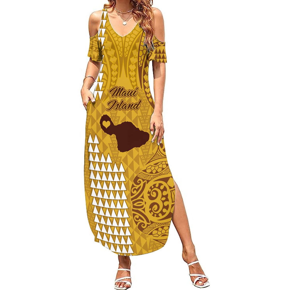 Maui Island Summer Maxi Dress Kakau Tribal Mixed Polynesian Pattern Gold - Wonder Print Shop
