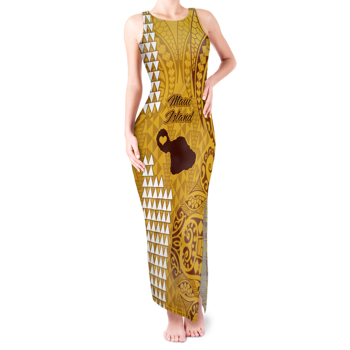 Maui Island Tank Maxi Dress Kakau Tribal Mixed Polynesian Pattern Gold - Wonder Print Shop