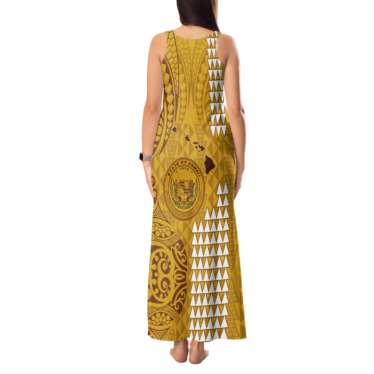 Maui Island Tank Maxi Dress Kakau Tribal Mixed Polynesian Pattern Gold - Wonder Print Shop