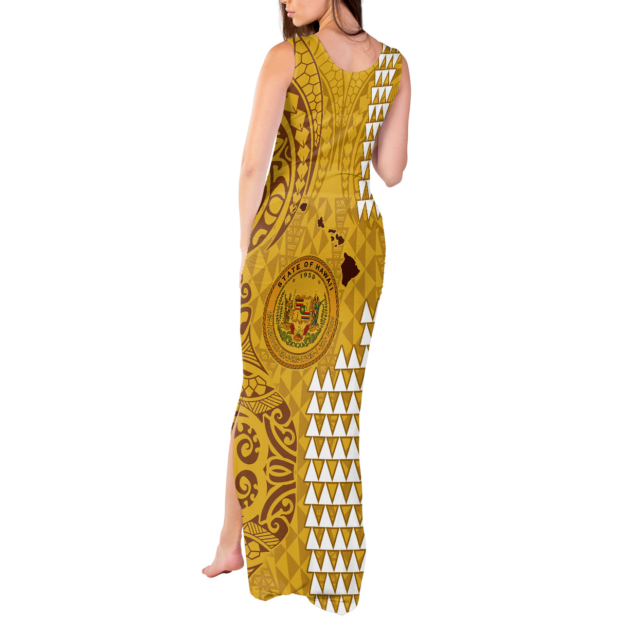 Maui Island Tank Maxi Dress Kakau Tribal Mixed Polynesian Pattern Gold - Wonder Print Shop
