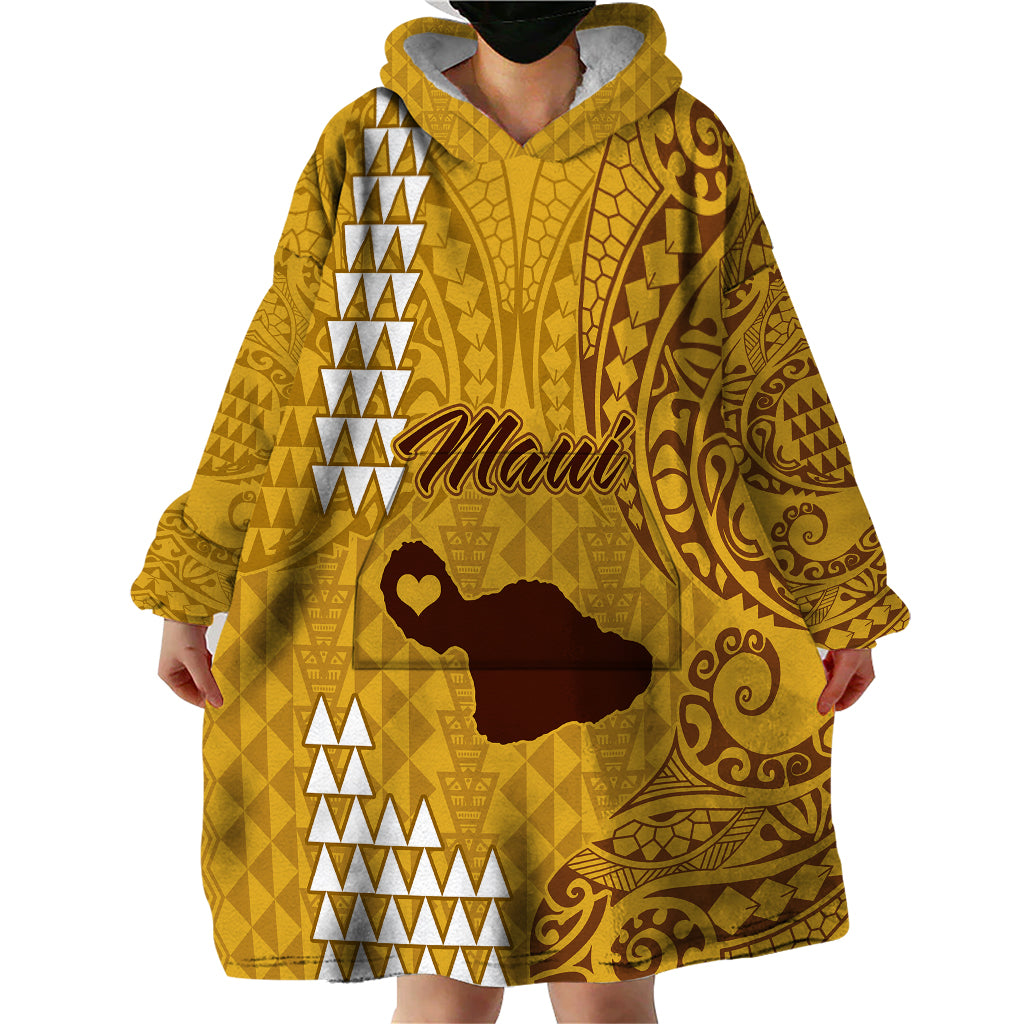 Maui Island Wearable Blanket Hoodie Kakau Tribal Mixed Polynesian Pattern Gold - Wonder Print Shop