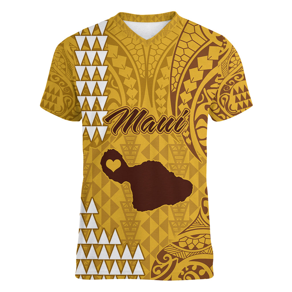 Maui Island Women V Neck T Shirt Kakau Tribal Mixed Polynesian Pattern Gold - Wonder Print Shop