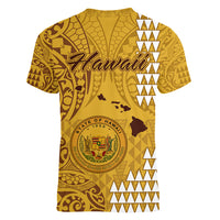 Maui Island Women V Neck T Shirt Kakau Tribal Mixed Polynesian Pattern Gold - Wonder Print Shop