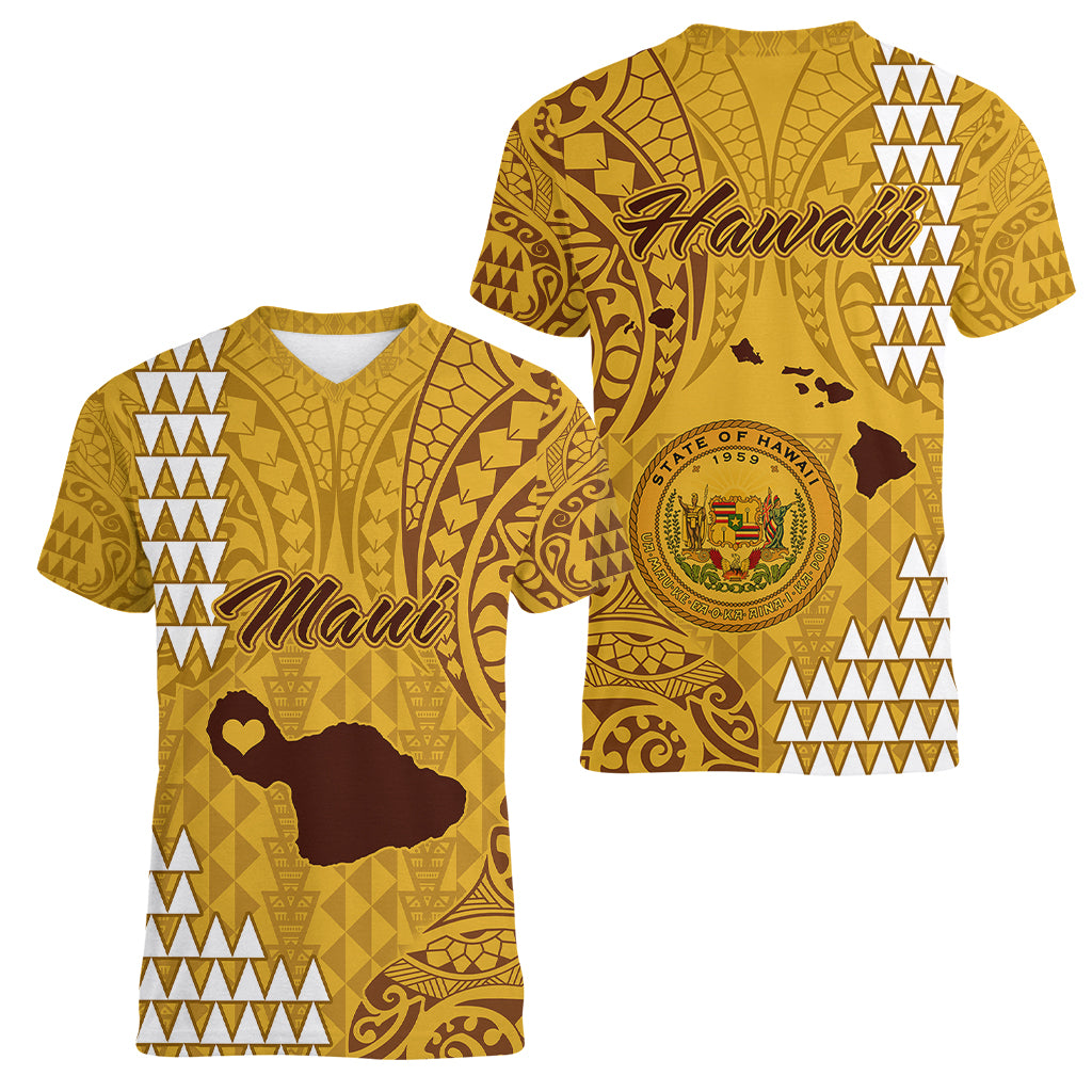 Maui Island Women V Neck T Shirt Kakau Tribal Mixed Polynesian Pattern Gold - Wonder Print Shop