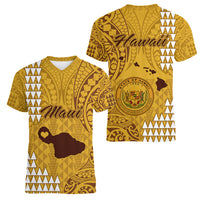 Maui Island Women V Neck T Shirt Kakau Tribal Mixed Polynesian Pattern Gold - Wonder Print Shop