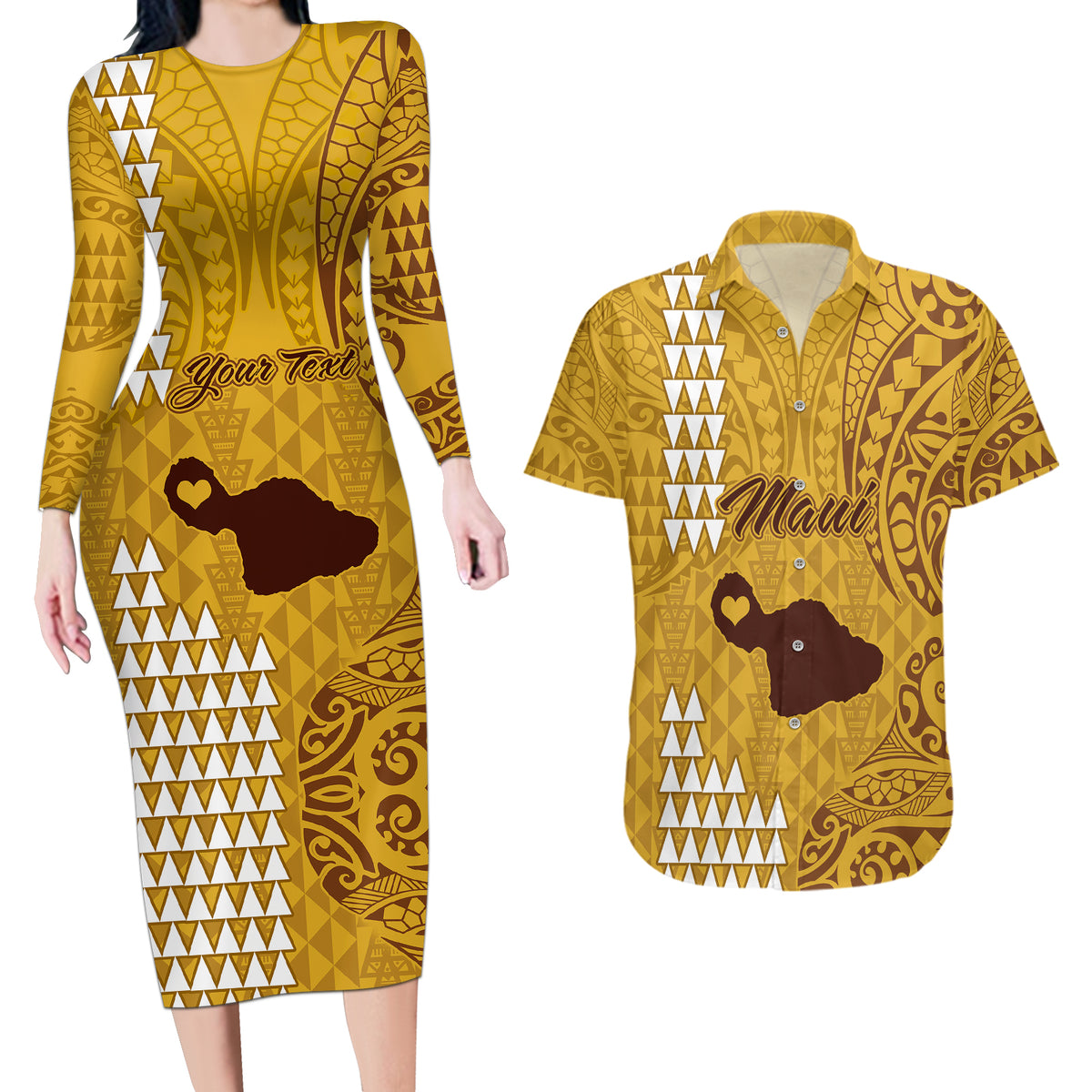 Personalised Maui Island Couples Matching Long Sleeve Bodycon Dress and Hawaiian Shirt Kakau Tribal Mixed Polynesian Pattern Gold LT9 - Wonder Print Shop
