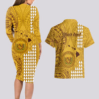 Personalised Maui Island Couples Matching Long Sleeve Bodycon Dress and Hawaiian Shirt Kakau Tribal Mixed Polynesian Pattern Gold LT9 - Wonder Print Shop