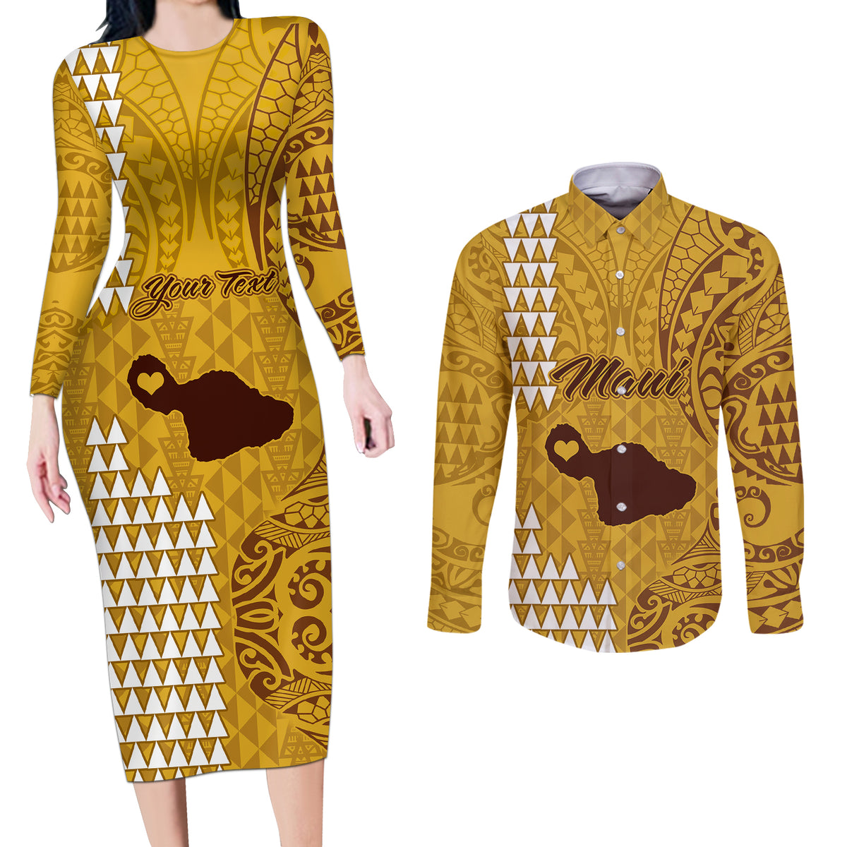 Personalised Maui Island Couples Matching Long Sleeve Bodycon Dress and Long Sleeve Button Shirts Kakau Tribal Mixed Polynesian Pattern Gold LT9 - Wonder Print Shop