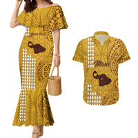 Personalised Maui Island Couples Matching Mermaid Dress and Hawaiian Shirt Kakau Tribal Mixed Polynesian Pattern Gold LT9 - Wonder Print Shop