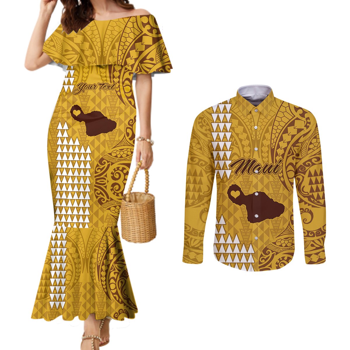 personalised-maui-island-couples-matching-mermaid-dress-and-long-sleeve-button-shirts-kakau-tribal-mixed-polynesian-pattern-gold