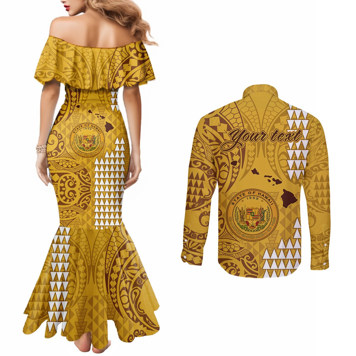 personalised-maui-island-couples-matching-mermaid-dress-and-long-sleeve-button-shirts-kakau-tribal-mixed-polynesian-pattern-gold