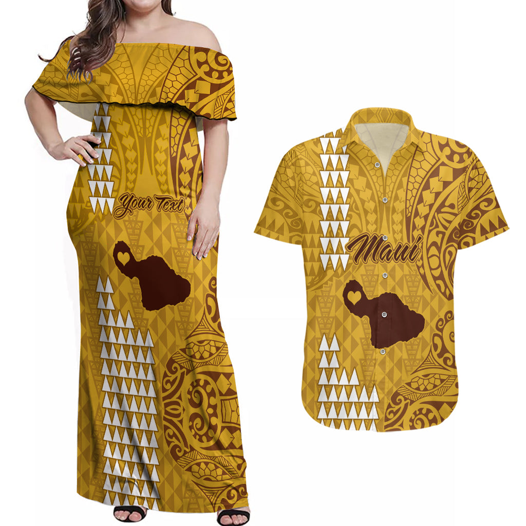 Personalised Maui Island Couples Matching Off Shoulder Maxi Dress and Hawaiian Shirt Kakau Tribal Mixed Polynesian Pattern Gold LT9 - Wonder Print Shop