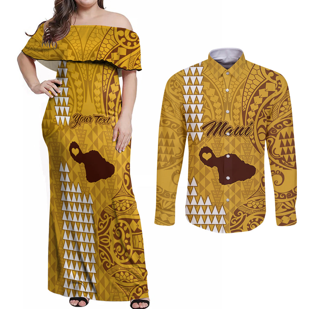 Personalised Maui Island Couples Matching Off Shoulder Maxi Dress and Long Sleeve Button Shirts Kakau Tribal Mixed Polynesian Pattern Gold LT9 - Wonder Print Shop