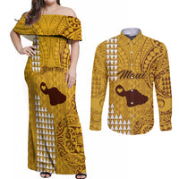 Personalised Maui Island Couples Matching Off Shoulder Maxi Dress and Long Sleeve Button Shirts Kakau Tribal Mixed Polynesian Pattern Gold LT9 - Wonder Print Shop