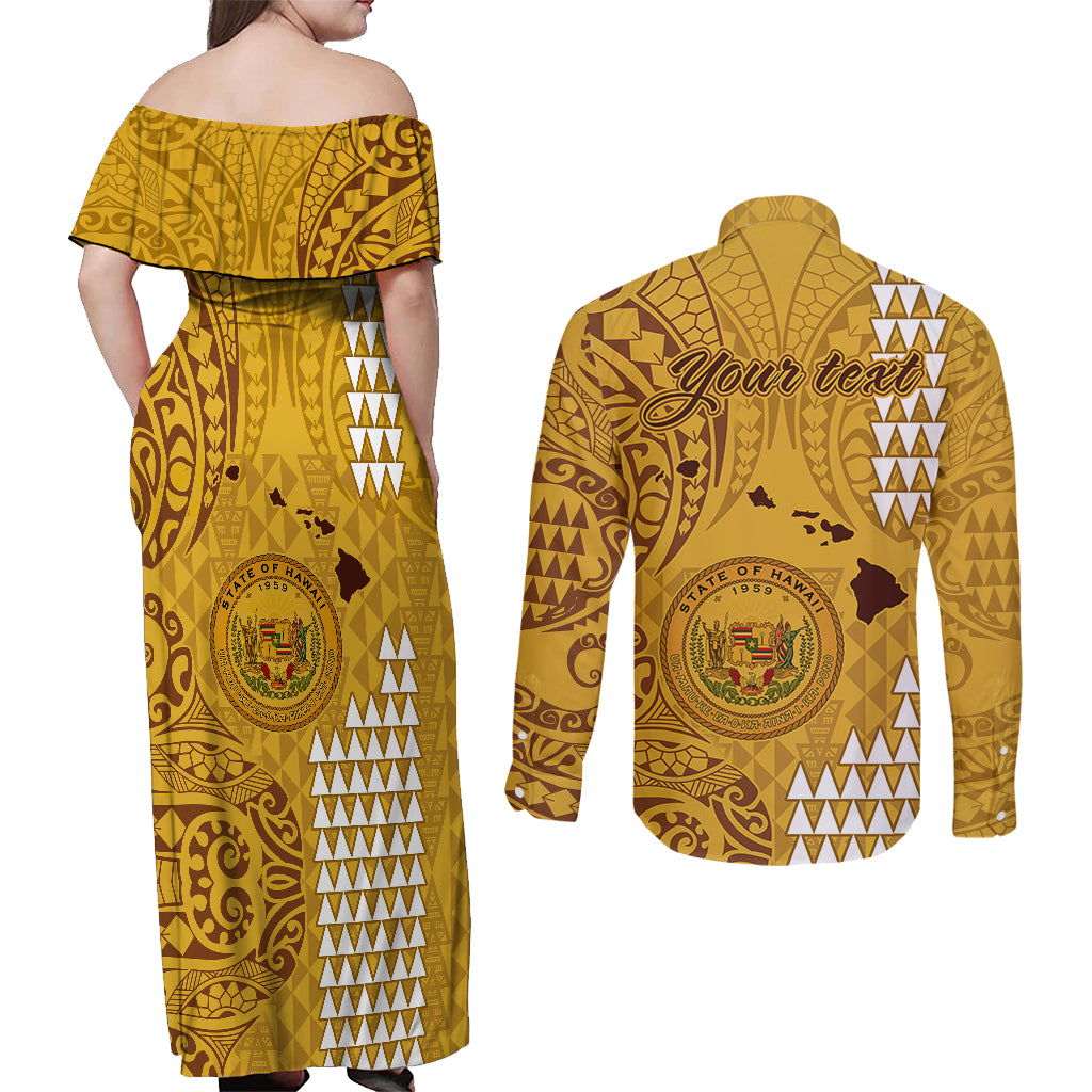 Personalised Maui Island Couples Matching Off Shoulder Maxi Dress and Long Sleeve Button Shirts Kakau Tribal Mixed Polynesian Pattern Gold LT9 - Wonder Print Shop