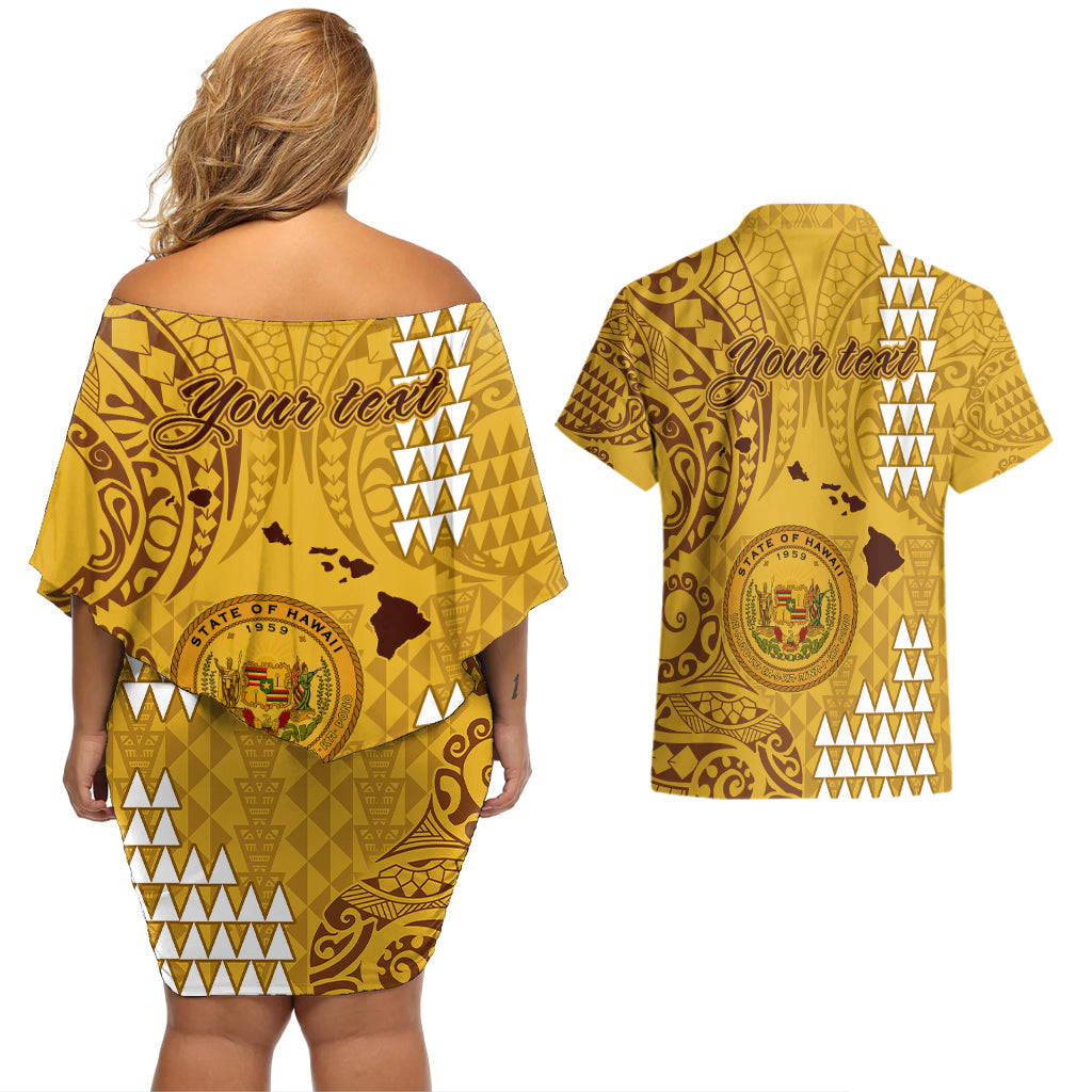 Personalised Maui Island Couples Matching Off Shoulder Short Dress and Hawaiian Shirt Kakau Tribal Mixed Polynesian Pattern Gold LT9 - Wonder Print Shop