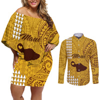 Personalised Maui Island Couples Matching Off Shoulder Short Dress and Long Sleeve Button Shirts Kakau Tribal Mixed Polynesian Pattern Gold LT9 - Wonder Print Shop