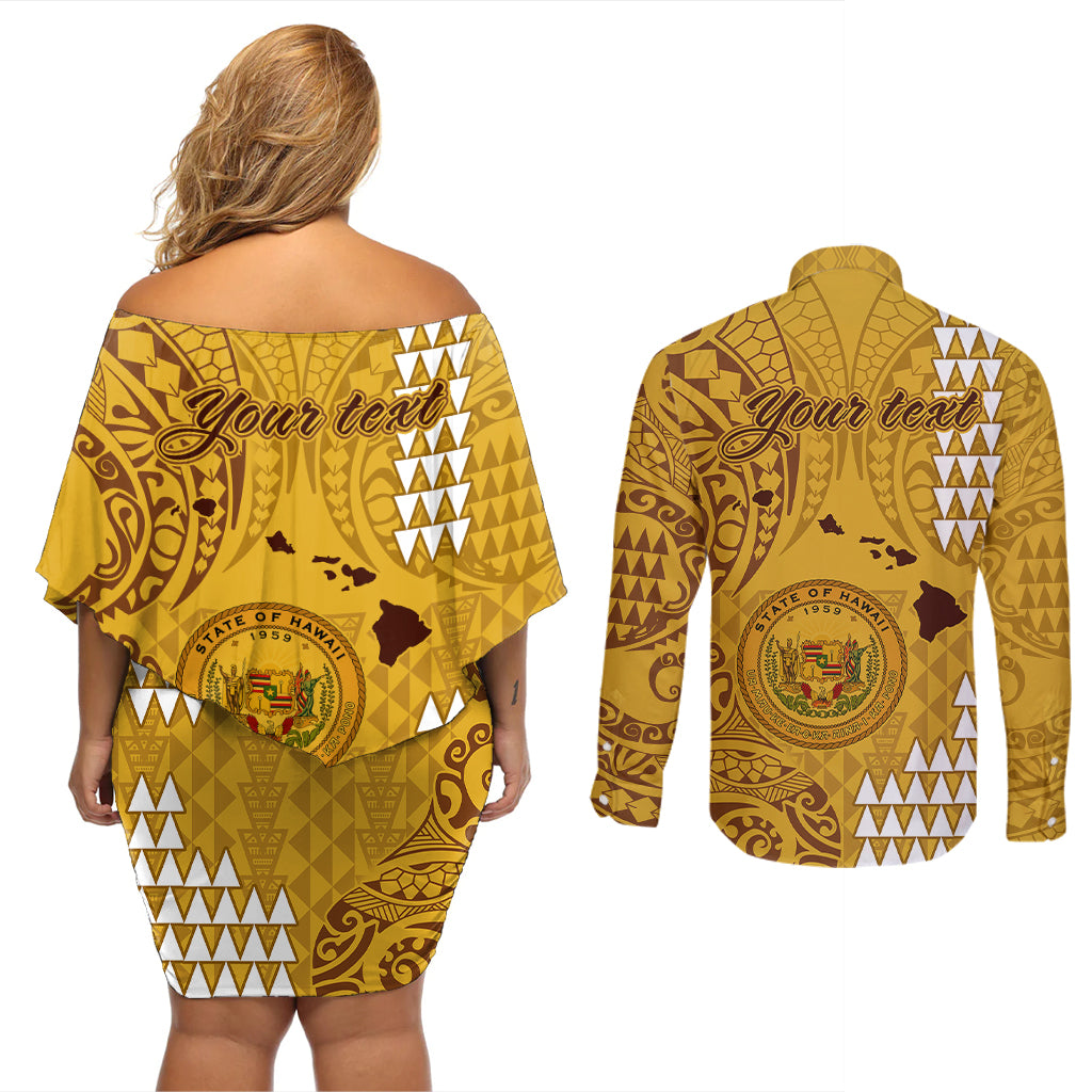 Personalised Maui Island Couples Matching Off Shoulder Short Dress and Long Sleeve Button Shirts Kakau Tribal Mixed Polynesian Pattern Gold LT9 - Wonder Print Shop