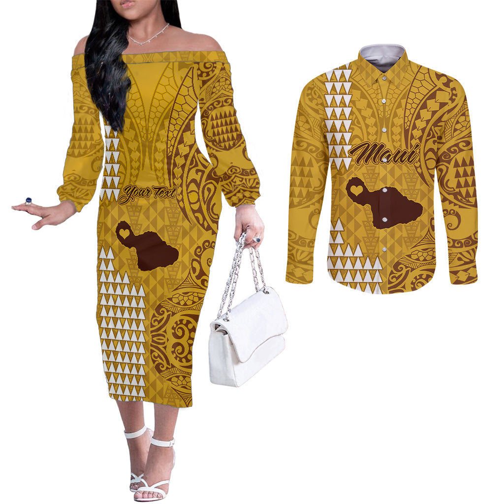 personalised-maui-island-couples-matching-off-the-shoulder-long-sleeve-dress-and-long-sleeve-button-shirts-kakau-tribal-mixed-polynesian-pattern-gold