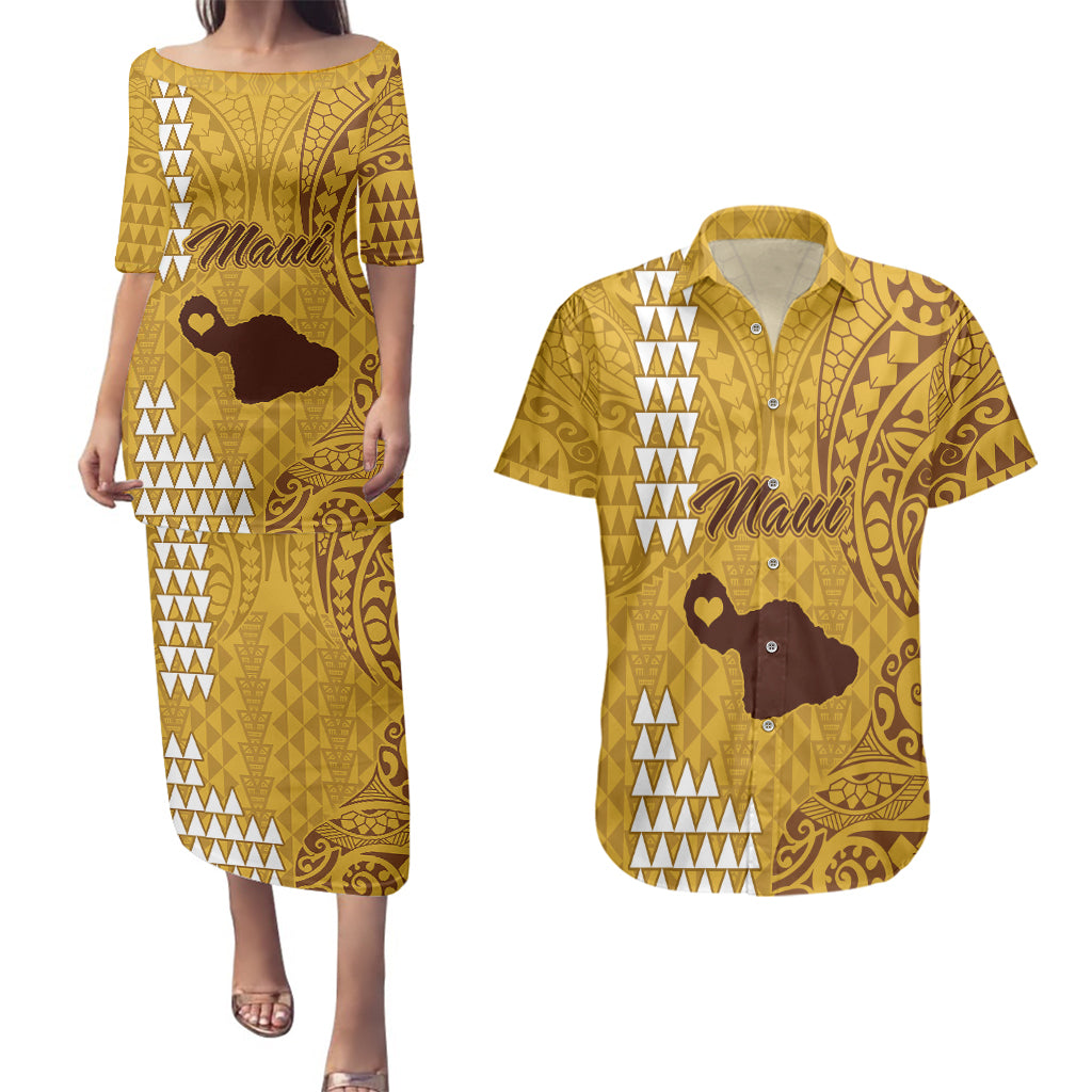Personalised Maui Island Couples Matching Puletasi Dress and Hawaiian Shirt Kakau Tribal Mixed Polynesian Pattern Gold LT9 - Wonder Print Shop