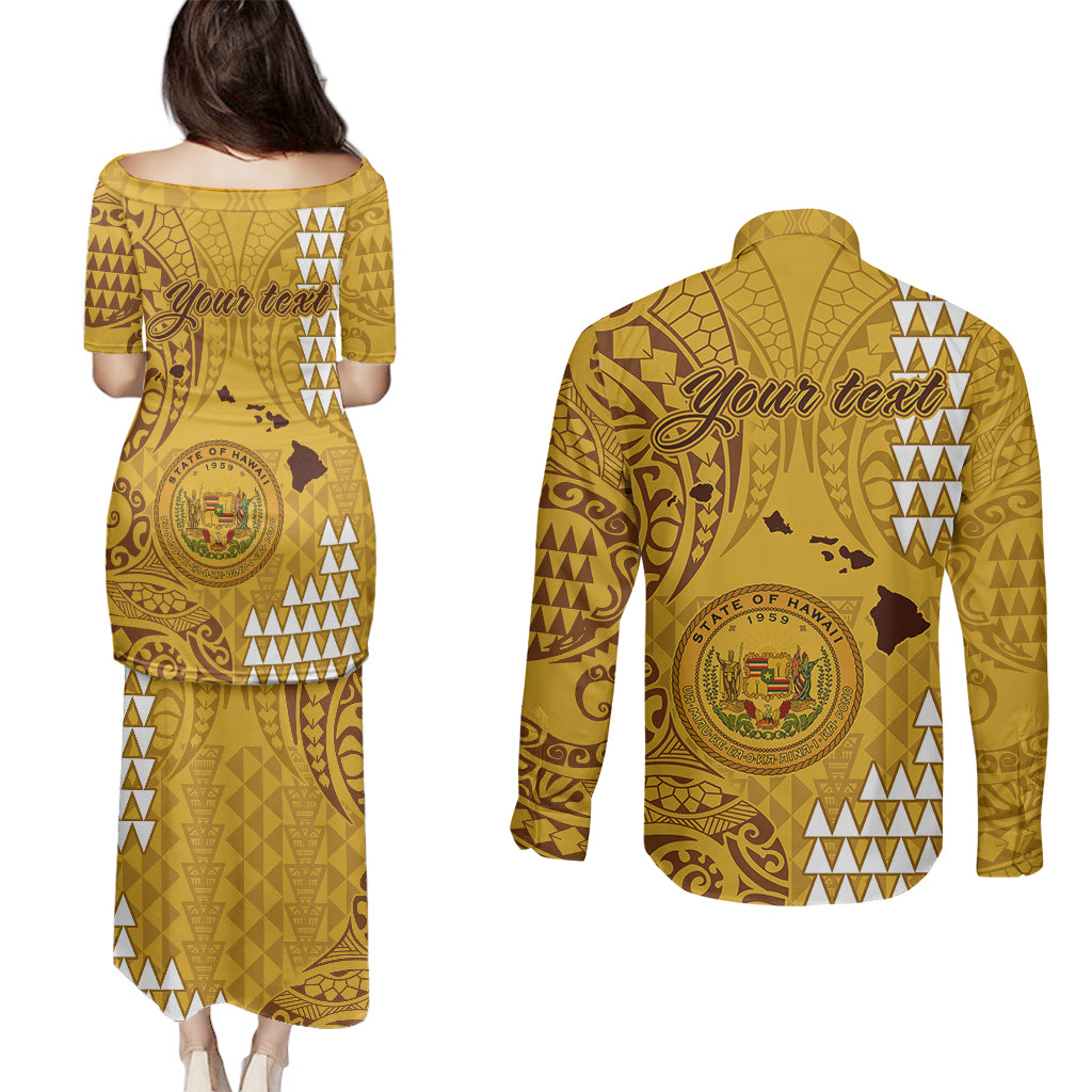 Personalised Maui Island Couples Matching Puletasi Dress and Long Sleeve Button Shirts Kakau Tribal Mixed Polynesian Pattern Gold LT9 - Wonder Print Shop