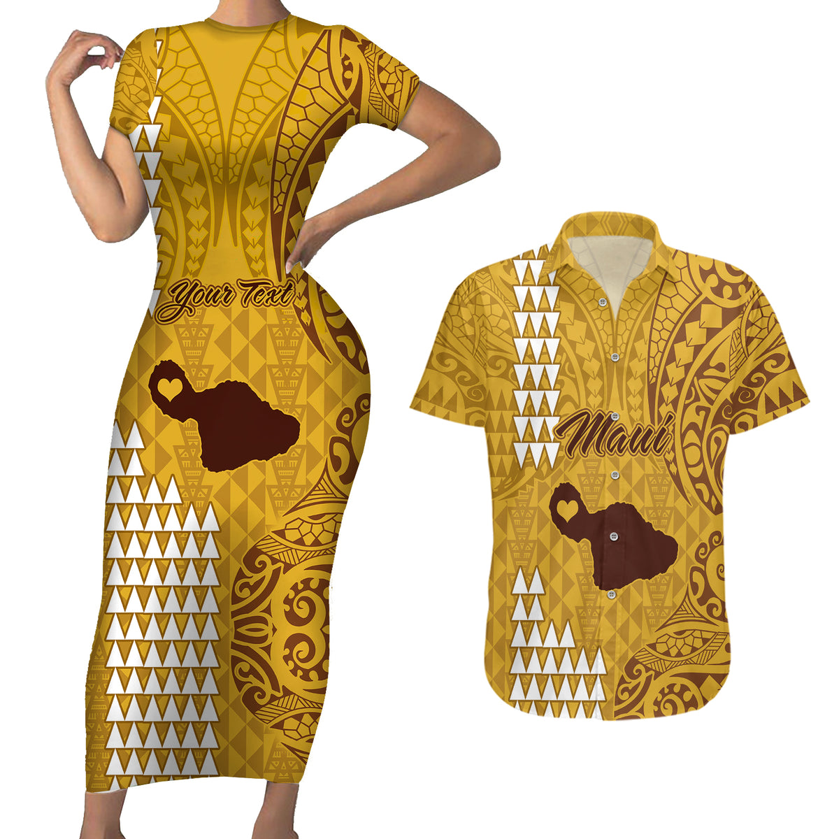 Personalised Maui Island Couples Matching Short Sleeve Bodycon Dress and Hawaiian Shirt Kakau Tribal Mixed Polynesian Pattern Gold LT9 - Wonder Print Shop