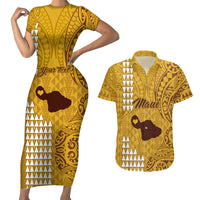 Personalised Maui Island Couples Matching Short Sleeve Bodycon Dress and Hawaiian Shirt Kakau Tribal Mixed Polynesian Pattern Gold LT9 - Wonder Print Shop