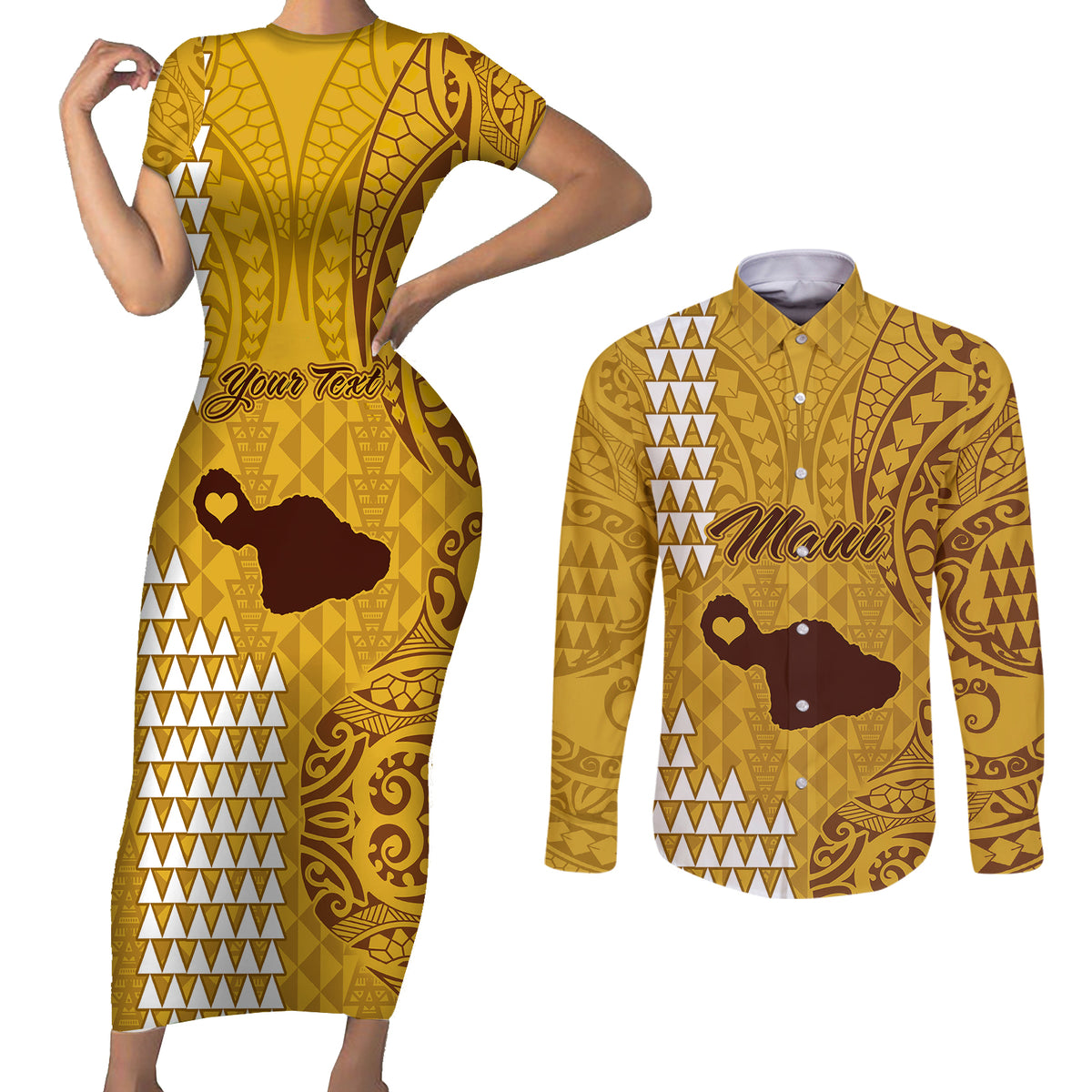 Personalised Maui Island Couples Matching Short Sleeve Bodycon Dress and Long Sleeve Button Shirts Kakau Tribal Mixed Polynesian Pattern Gold LT9 - Wonder Print Shop