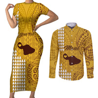 Personalised Maui Island Couples Matching Short Sleeve Bodycon Dress and Long Sleeve Button Shirts Kakau Tribal Mixed Polynesian Pattern Gold LT9 - Wonder Print Shop