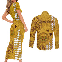 Personalised Maui Island Couples Matching Short Sleeve Bodycon Dress and Long Sleeve Button Shirts Kakau Tribal Mixed Polynesian Pattern Gold LT9 - Wonder Print Shop