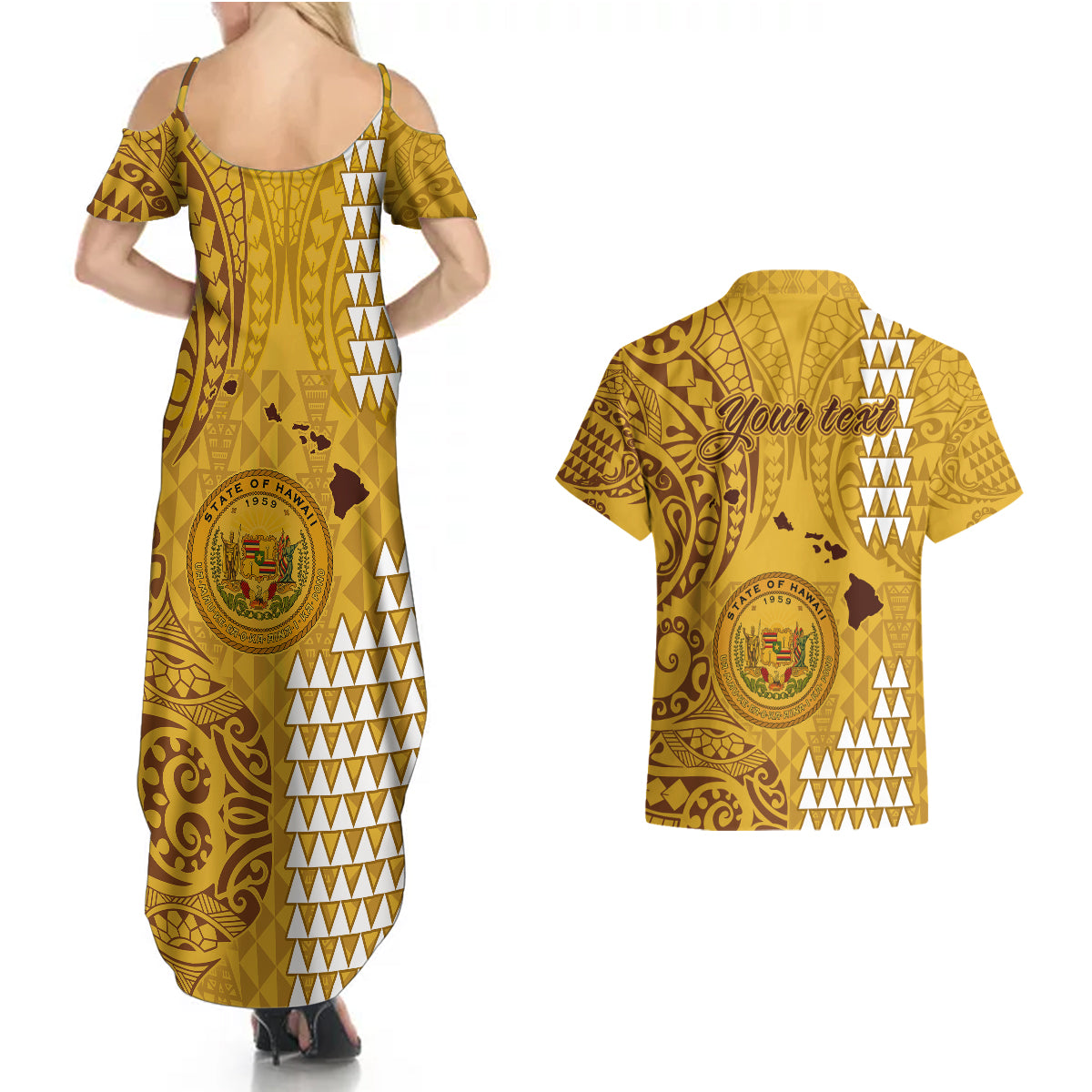 Personalised Maui Island Couples Matching Summer Maxi Dress and Hawaiian Shirt Kakau Tribal Mixed Polynesian Pattern Gold LT9 - Wonder Print Shop