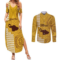 Personalised Maui Island Couples Matching Summer Maxi Dress and Long Sleeve Button Shirts Kakau Tribal Mixed Polynesian Pattern Gold LT9 - Wonder Print Shop