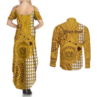 Personalised Maui Island Couples Matching Summer Maxi Dress and Long Sleeve Button Shirts Kakau Tribal Mixed Polynesian Pattern Gold LT9 - Wonder Print Shop