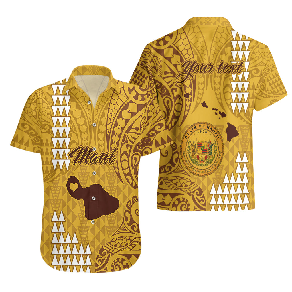 Personalised Maui Island Hawaiian Shirt Kakau Tribal Mixed Polynesian Pattern Gold - Wonder Print Shop