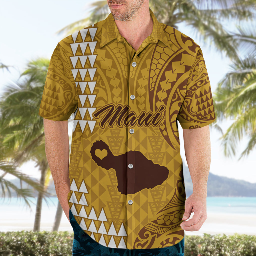 Personalised Maui Island Hawaiian Shirt Kakau Tribal Mixed Polynesian Pattern Gold - Wonder Print Shop