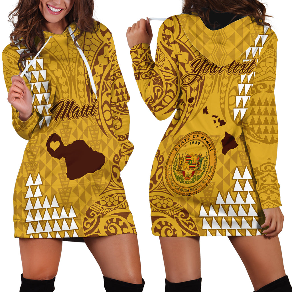 Personalised Maui Island Hoodie Dress Kakau Tribal Mixed Polynesian Pattern Gold - Wonder Print Shop
