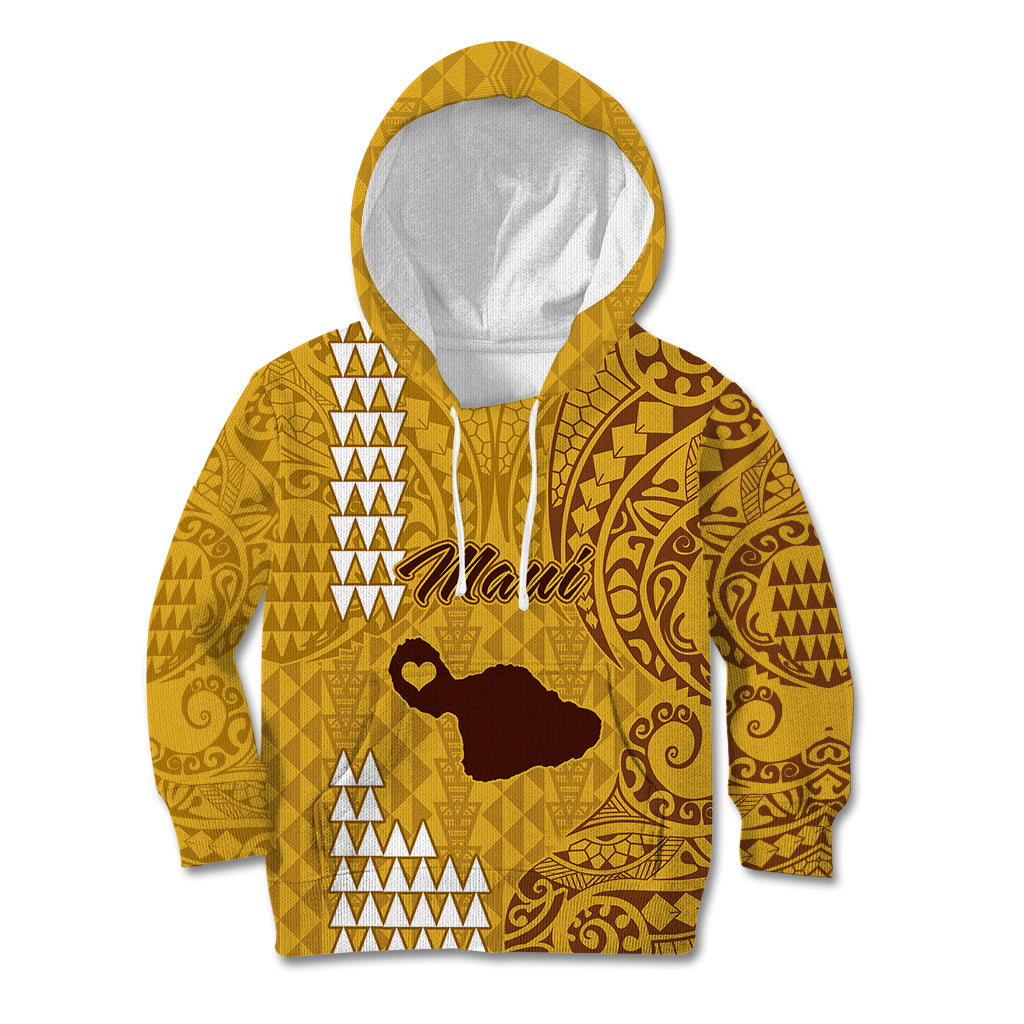 Personalised Maui Island Kid Hoodie Kakau Tribal Mixed Polynesian Pattern Gold - Wonder Print Shop