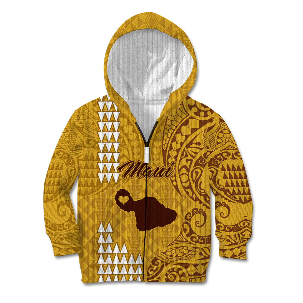 Personalised Maui Island Kid Hoodie Kakau Tribal Mixed Polynesian Pattern Gold - Wonder Print Shop