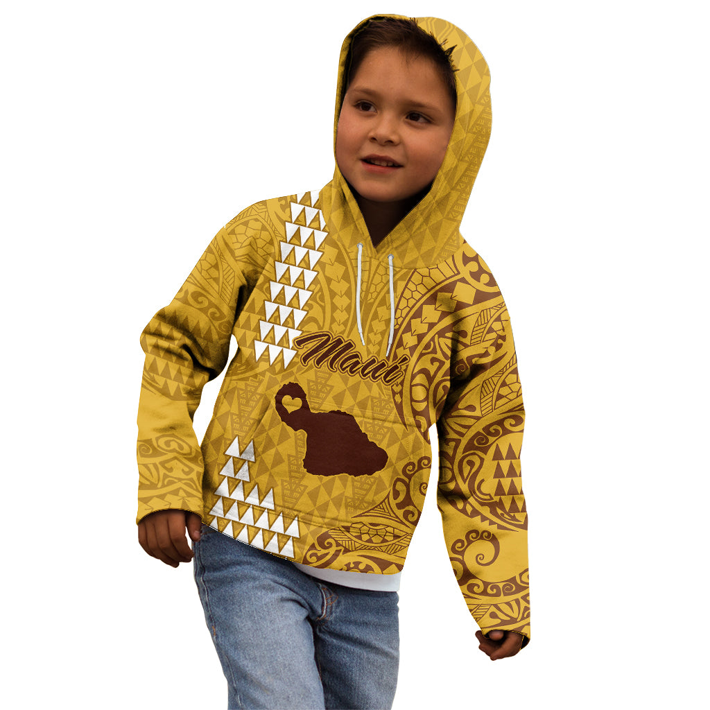 Personalised Maui Island Kid Hoodie Kakau Tribal Mixed Polynesian Pattern Gold - Wonder Print Shop