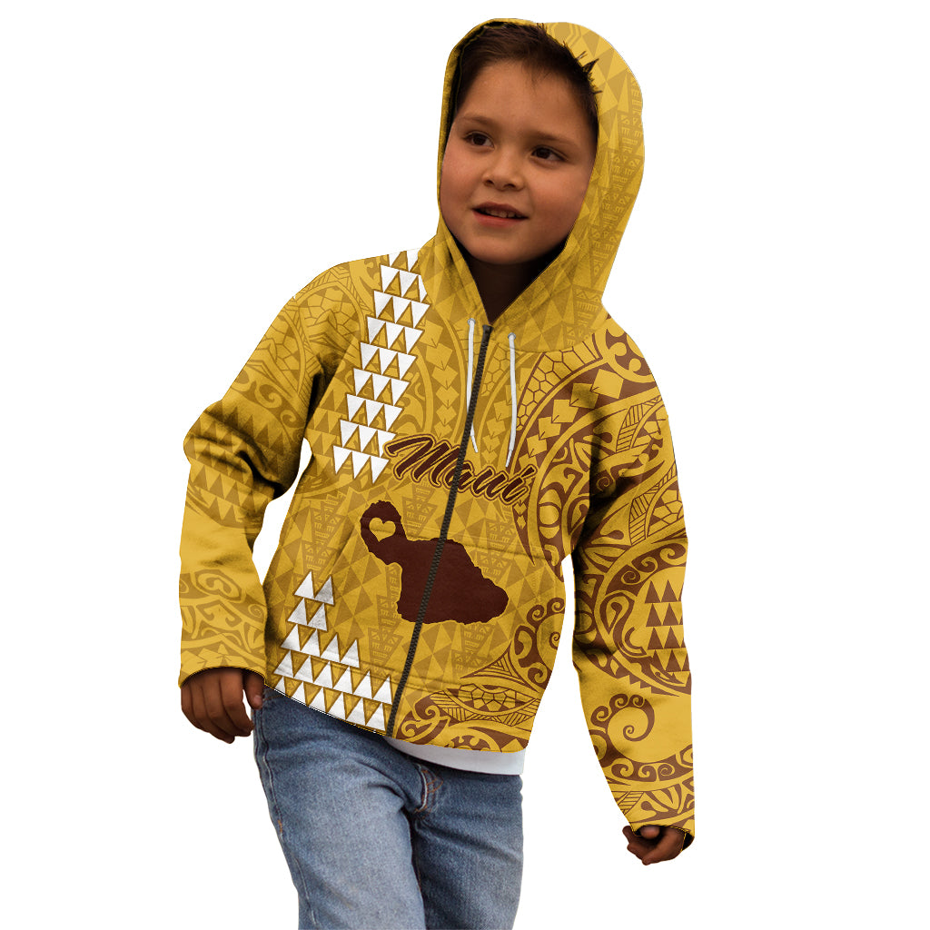 Personalised Maui Island Kid Hoodie Kakau Tribal Mixed Polynesian Pattern Gold - Wonder Print Shop