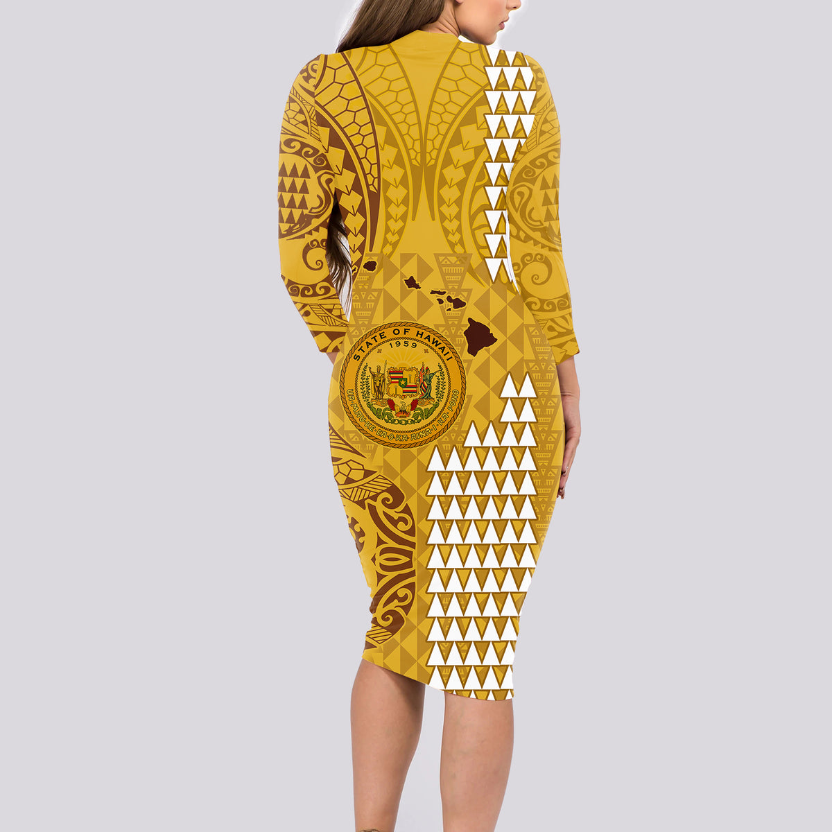 Personalised Maui Island Long Sleeve Bodycon Dress Kakau Tribal Mixed Polynesian Pattern Gold - Wonder Print Shop
