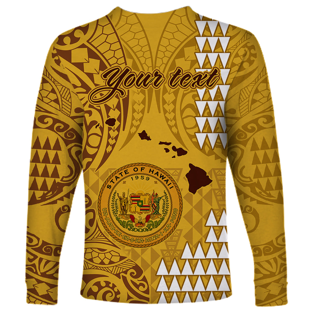 Personalised Maui Island Long Sleeve Shirt Kakau Tribal Mixed Polynesian Pattern Gold - Wonder Print Shop