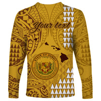 Personalised Maui Island Long Sleeve Shirt Kakau Tribal Mixed Polynesian Pattern Gold - Wonder Print Shop