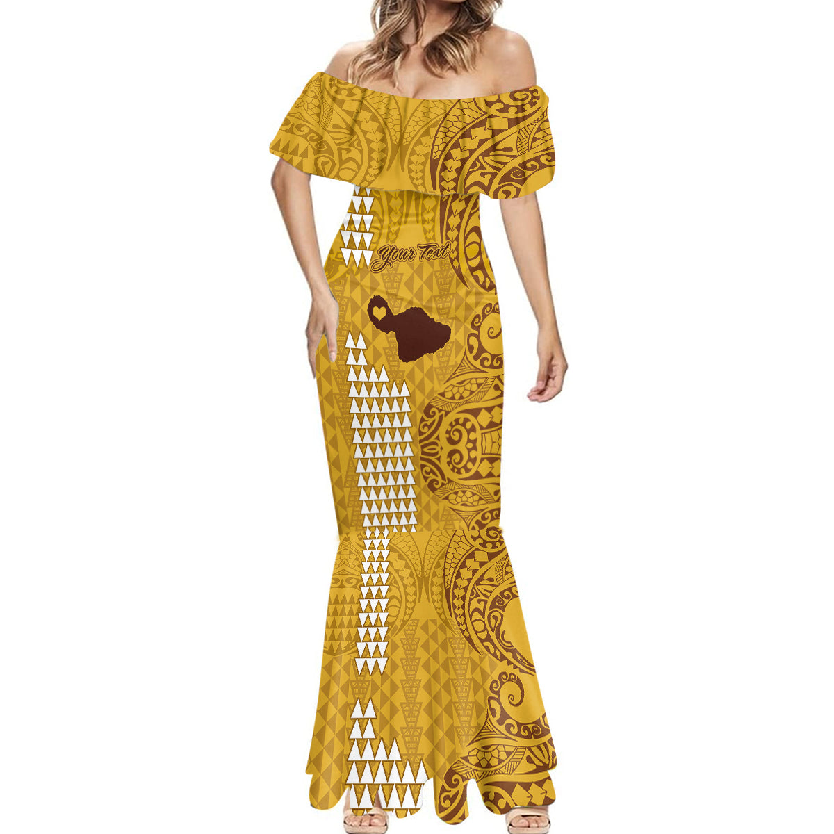 Personalised Maui Island Mermaid Dress Kakau Tribal Mixed Polynesian Pattern Gold - Wonder Print Shop