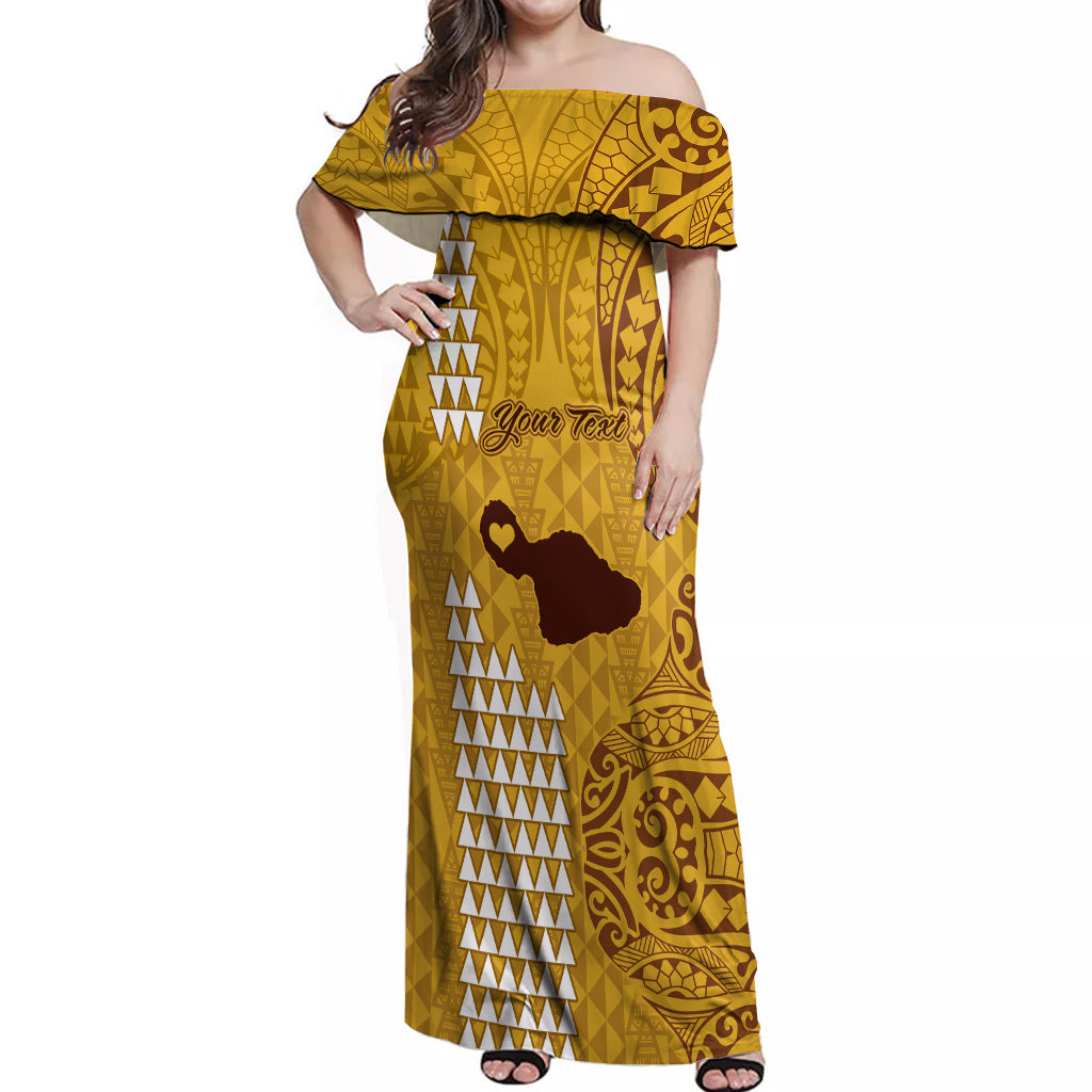 Personalised Maui Island Off Shoulder Maxi Dress Kakau Tribal Mixed Polynesian Pattern Gold - Wonder Print Shop